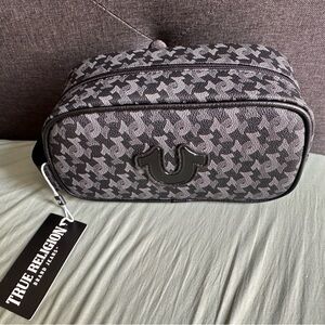 True Religion Toiletry Bag Travel Kit Faux Leather Black Grey Horseshoe Logo NWT
